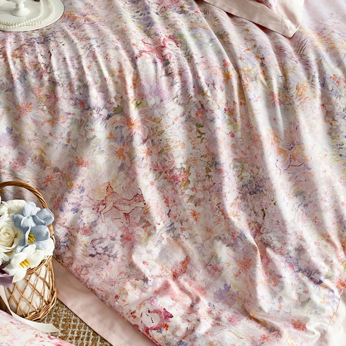 91家纺网 家纺一手货源 找家纺 云栖家居 2025全棉纯棉长绒棉纯棉A类50支数码印花系列四件套-春园 林间小鹿-粉