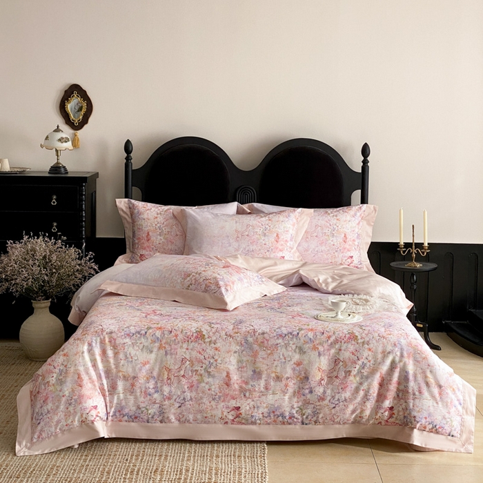 91家纺网 家纺一手货源 找家纺 云栖家居 2025全棉纯棉长绒棉纯棉A类50支数码印花系列四件套-春园 林间小鹿-粉