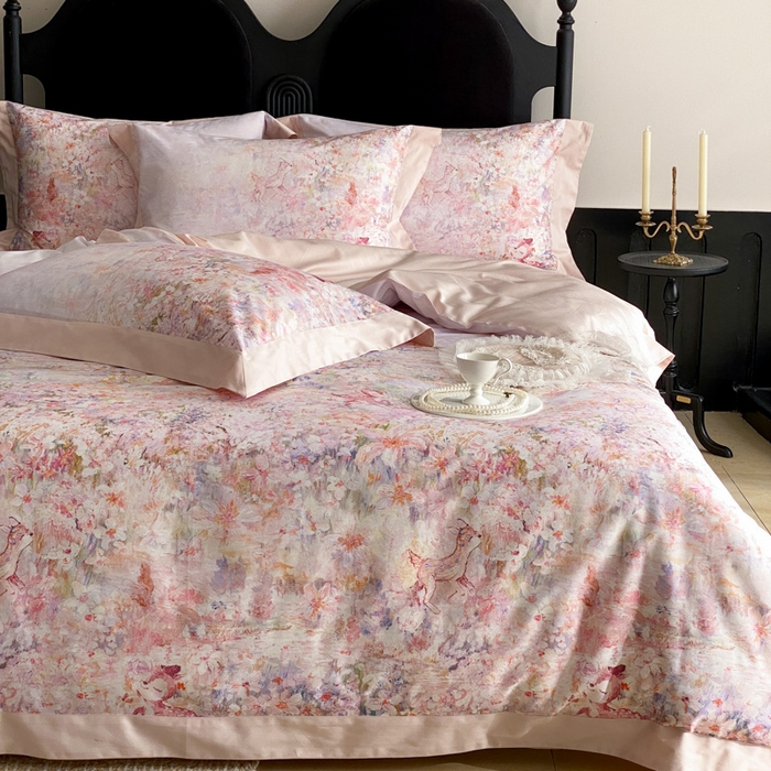 91家纺网 家纺一手货源 找家纺 云栖家居 2025全棉纯棉长绒棉纯棉A类50支数码印花系列四件套-春园 林间小鹿-粉