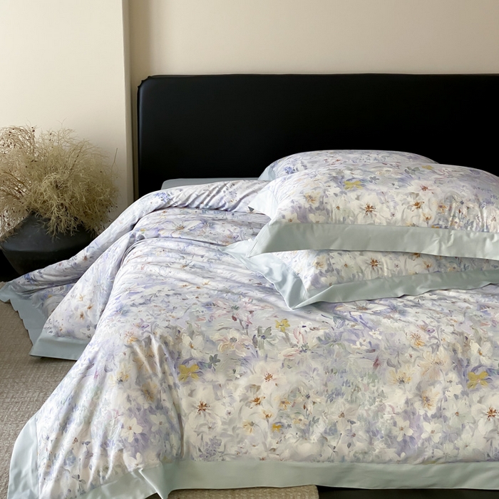 91家纺网 家纺一手货源 找家纺 云栖家居 2025全棉纯棉长绒棉纯棉A类50支数码印花系列四件套-春园 花知晓-蓝