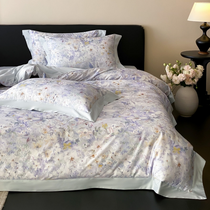 91家纺网 家纺一手货源 找家纺 云栖家居 2025全棉纯棉长绒棉纯棉A类50支数码印花系列四件套-春园 花知晓-蓝