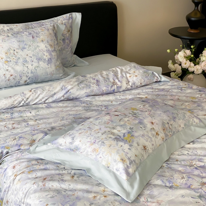 91家纺网 家纺一手货源 找家纺 云栖家居 2025全棉纯棉长绒棉纯棉A类50支数码印花系列四件套-春园 花知晓-蓝