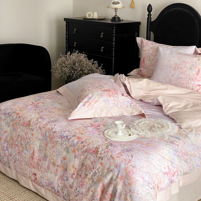 91家纺网 家纺一手货源 找家纺 云栖家居 2025全棉纯棉长绒棉纯棉A类50支数码印花系列四件套-春园 林间小鹿-粉