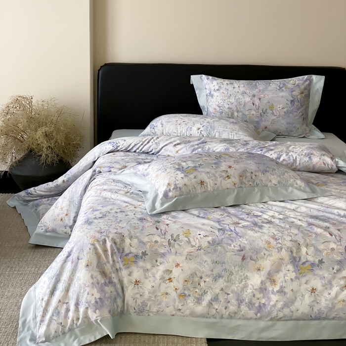 91家纺网 家纺一手货源 找家纺 云栖家居 2025全棉纯棉长绒棉纯棉A类50支数码印花系列四件套-春园 花知晓-蓝