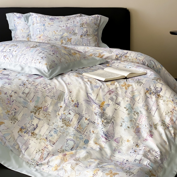 91家纺网 家纺一手货源 找家纺 云栖家居 2025全棉纯棉长绒棉纯棉A类50支数码印花系列四件套-春园 魔幻甜心-蓝