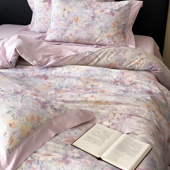 91家纺网 家纺一手货源 找家纺 云栖家居 2025全棉纯棉长绒棉纯棉A类50支数码印花系列四件套-春园 花知晓-紫