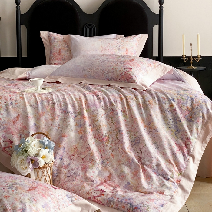 91家纺网 家纺一手货源 找家纺 云栖家居 2025全棉纯棉长绒棉纯棉A类50支数码印花系列四件套-春园 林间小鹿-粉