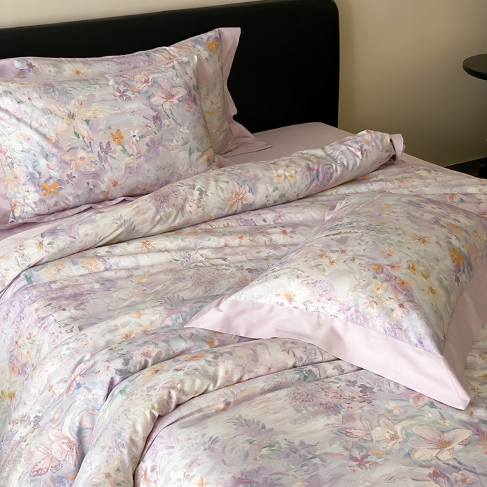 91家纺网 家纺一手货源 找家纺 云栖家居 2025全棉纯棉长绒棉纯棉A类50支数码印花系列四件套-春园 花知晓-紫