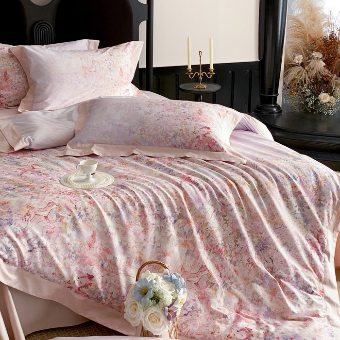 91家纺网 家纺一手货源 找家纺 云栖家居 2025全棉纯棉长绒棉纯棉A类50支数码印花系列四件套-春园 林间小鹿-粉