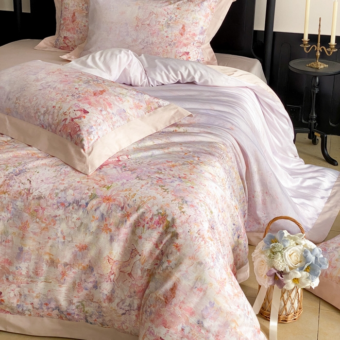 91家纺网 家纺一手货源 找家纺 云栖家居 2025全棉纯棉长绒棉纯棉A类50支数码印花系列四件套-春园 林间小鹿-粉