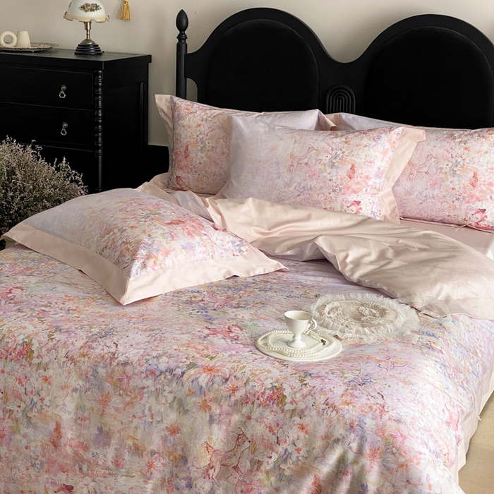 91家纺网 家纺一手货源 找家纺 云栖家居 2025全棉纯棉长绒棉纯棉A类50支数码印花系列四件套-春园 林间小鹿-粉