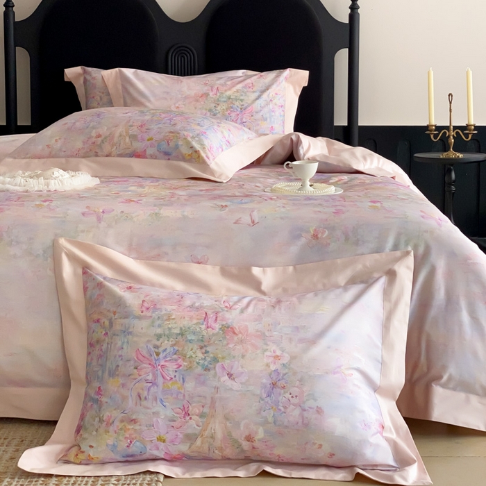 91家纺网 家纺一手货源 找家纺 云栖家居 2025全棉纯棉长绒棉纯棉A类50支数码印花系列四件套-春园 花枝乐园-粉