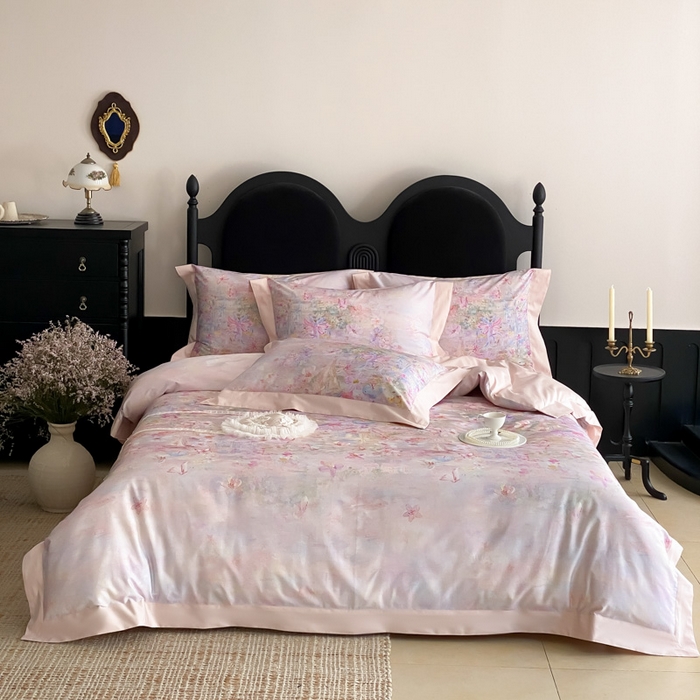 91家纺网 家纺一手货源 找家纺 云栖家居 2025全棉纯棉长绒棉纯棉A类50支数码印花系列四件套-春园 花枝乐园-粉