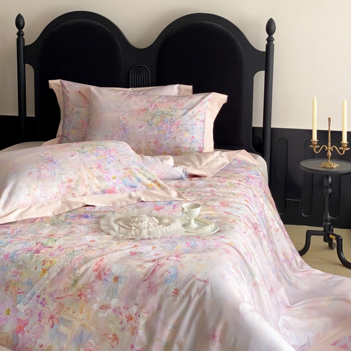 91家纺网 家纺一手货源 找家纺 云栖家居 2025全棉纯棉长绒棉纯棉A类50支数码印花系列四件套-春园 花枝乐园-粉