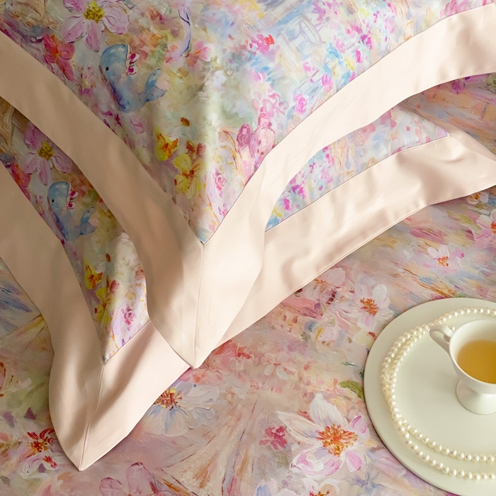 91家纺网 家纺一手货源 找家纺 云栖家居 2025全棉纯棉长绒棉纯棉A类50支数码印花系列四件套-春园 花枝乐园-粉