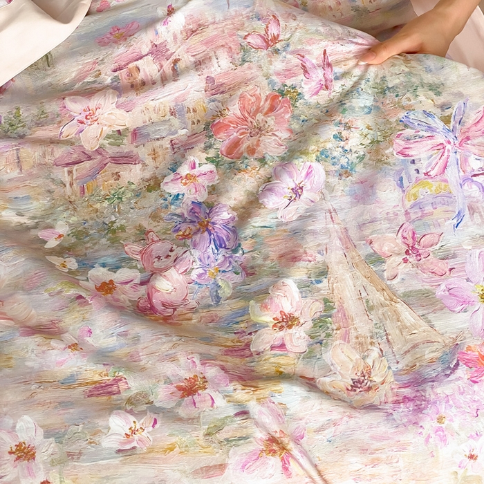 91家纺网 家纺一手货源 找家纺 云栖家居 2025全棉纯棉长绒棉纯棉A类50支数码印花系列四件套-春园 花枝乐园-粉