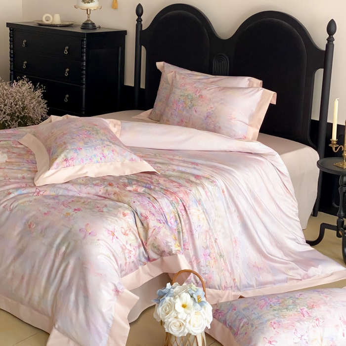 91家纺网 家纺一手货源 找家纺 云栖家居 2025全棉纯棉长绒棉纯棉A类50支数码印花系列四件套-春园 花枝乐园-粉