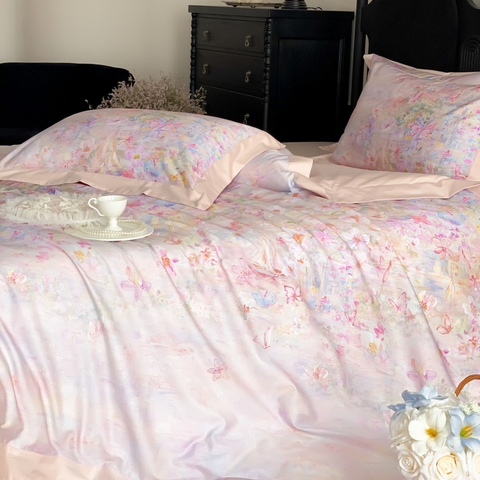 91家纺网 家纺一手货源 找家纺 云栖家居 2025全棉纯棉长绒棉纯棉A类50支数码印花系列四件套-春园 花枝乐园-粉