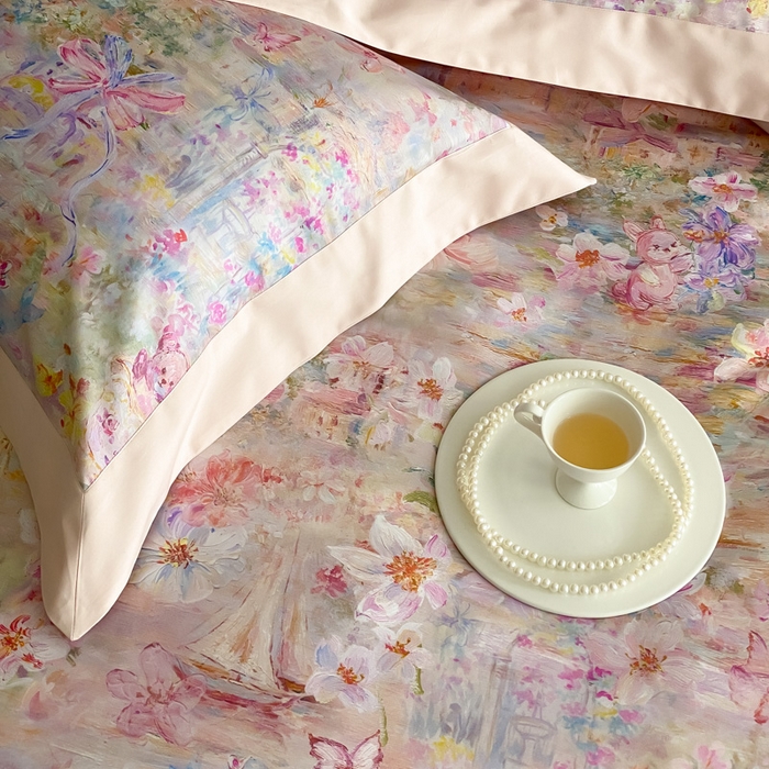 91家纺网 家纺一手货源 找家纺 云栖家居 2025全棉纯棉长绒棉纯棉A类50支数码印花系列四件套-春园 花枝乐园-粉