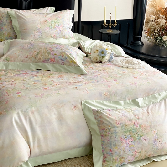 91家纺网 家纺一手货源 找家纺 云栖家居 2025全棉纯棉长绒棉纯棉A类50支数码印花系列四件套-春园 花枝乐园-绿