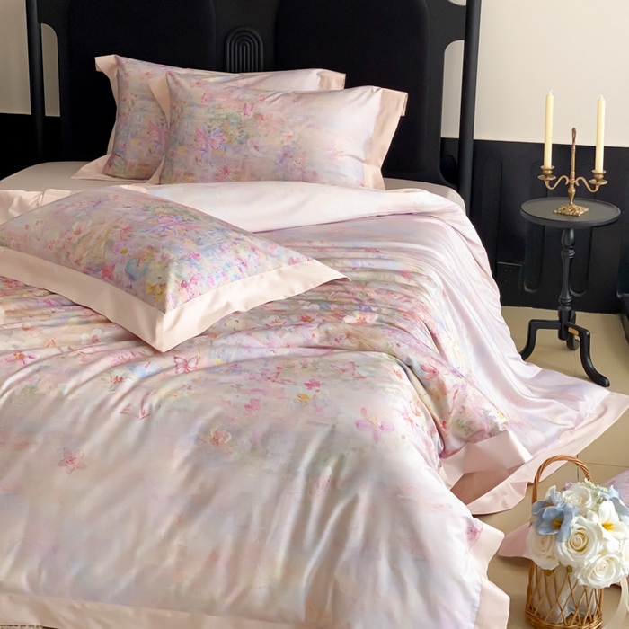 91家纺网 家纺一手货源 找家纺 云栖家居 2025全棉纯棉长绒棉纯棉A类50支数码印花系列四件套-春园 花枝乐园-粉