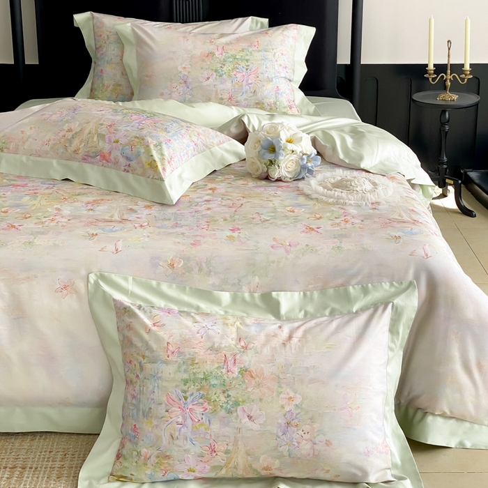 91家纺网 家纺一手货源 找家纺 云栖家居 2025全棉纯棉长绒棉纯棉A类50支数码印花系列四件套-春园 花枝乐园-绿