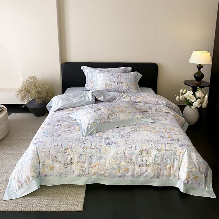 91家纺网 家纺一手货源 找家纺 云栖家居 2025全棉纯棉长绒棉纯棉A类50支数码印花系列四件套-春园 魔幻甜心-蓝