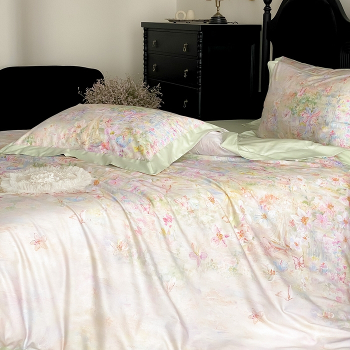 91家纺网 家纺一手货源 找家纺 云栖家居 2025全棉纯棉长绒棉纯棉A类50支数码印花系列四件套-春园 花枝乐园-绿