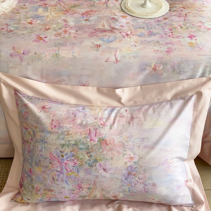 91家纺网 家纺一手货源 找家纺 云栖家居 2025全棉纯棉长绒棉纯棉A类50支数码印花系列四件套-春园 花枝乐园-粉