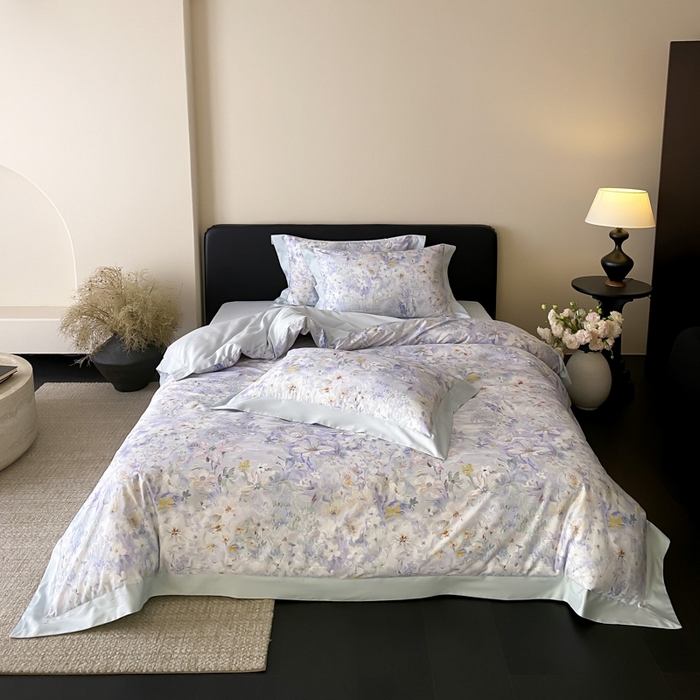 91家纺网 家纺一手货源 找家纺 云栖家居 2025全棉纯棉长绒棉纯棉A类50支数码印花系列四件套-春园 花知晓-蓝