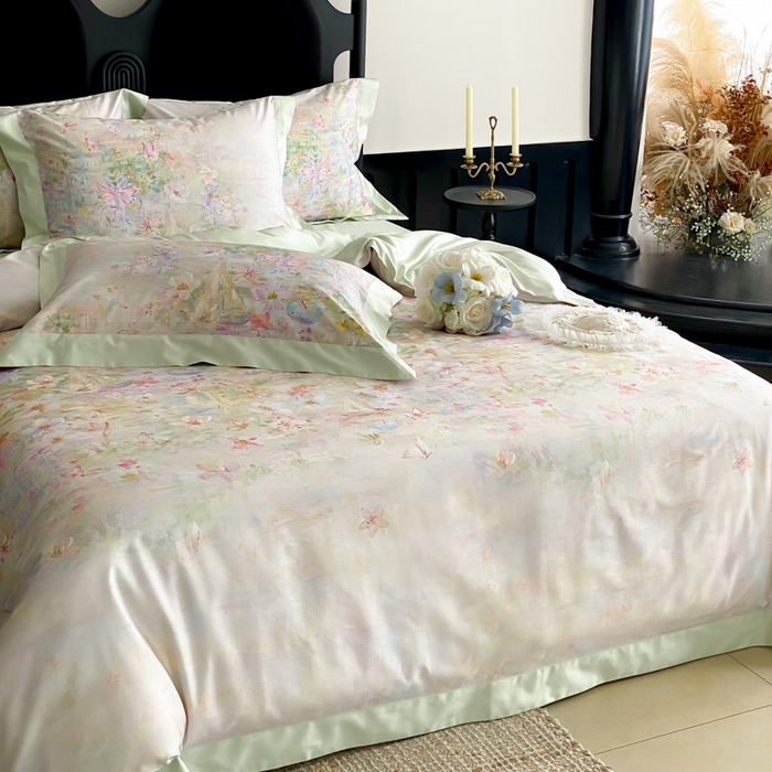 91家纺网 家纺一手货源 找家纺 云栖家居 2025全棉纯棉长绒棉纯棉A类50支数码印花系列四件套-春园 花枝乐园-绿