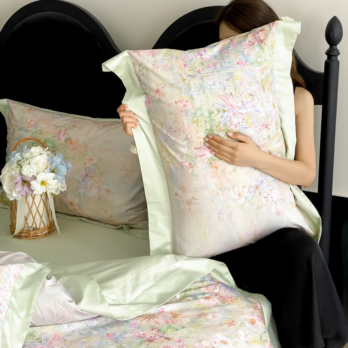 91家纺网 家纺一手货源 找家纺 云栖家居 2025全棉纯棉长绒棉纯棉A类50支数码印花系列四件套-春园 花枝乐园-绿