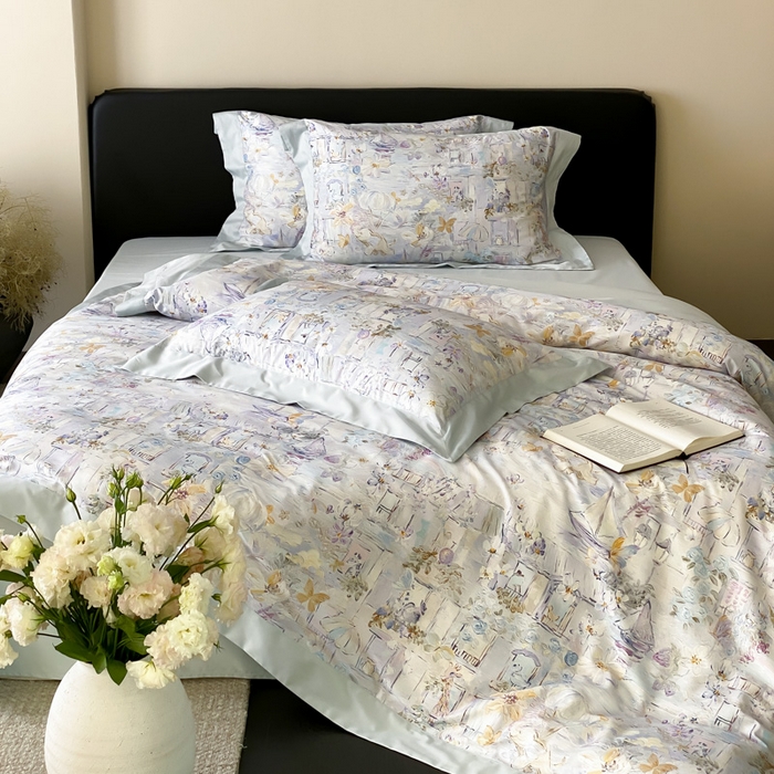 91家纺网 家纺一手货源 找家纺 云栖家居 2025全棉纯棉长绒棉纯棉A类50支数码印花系列四件套-春园 魔幻甜心-蓝