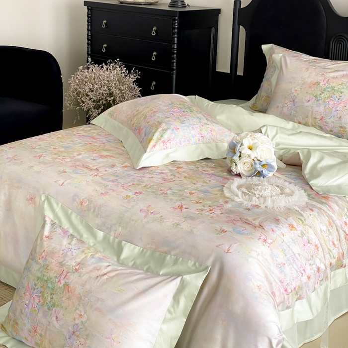 91家纺网 家纺一手货源 找家纺 云栖家居 2025全棉纯棉长绒棉纯棉A类50支数码印花系列四件套-春园 花枝乐园-绿