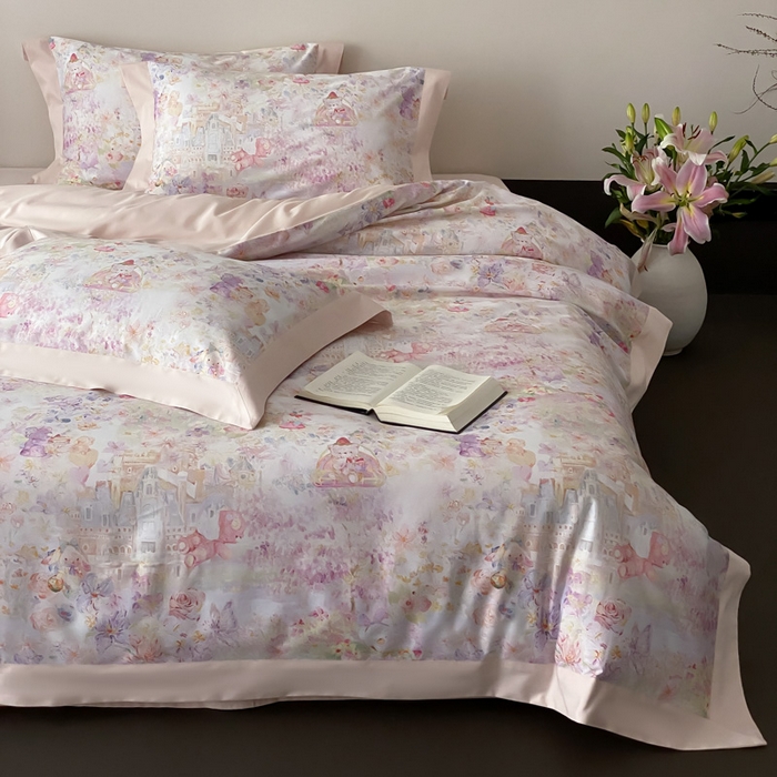 91家纺网 家纺一手货源 找家纺 云栖家居 2025全棉纯棉长绒棉纯棉A类50支数码印花系列四件套-春园 奇妙城堡-粉