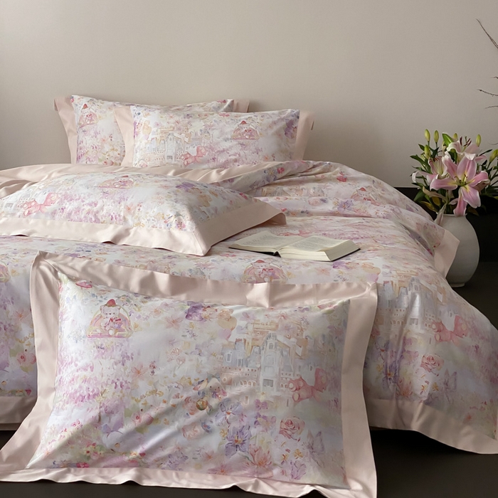 91家纺网 家纺一手货源 找家纺 云栖家居 2025全棉纯棉长绒棉纯棉A类50支数码印花系列四件套-春园 奇妙城堡-粉