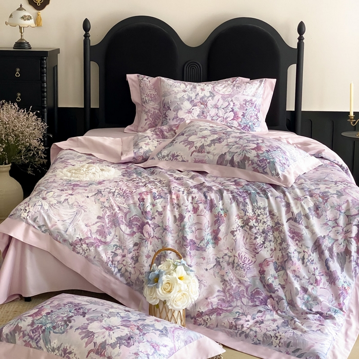 91家纺网 家纺一手货源 找家纺 云栖家居 2025全棉纯棉长绒棉纯棉A类50支数码印花系列四件套-春园 春浔花鉴-紫