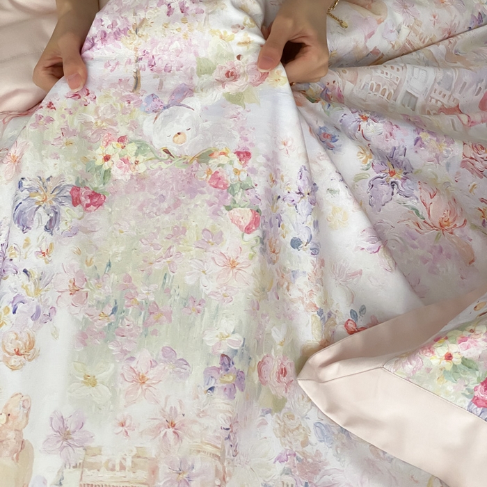 91家纺网 家纺一手货源 找家纺 云栖家居 2025全棉纯棉长绒棉纯棉A类50支数码印花系列四件套-春园 奇妙城堡-粉