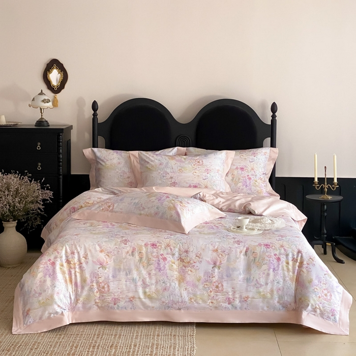 91家纺网 家纺一手货源 找家纺 云栖家居 2025全棉纯棉长绒棉纯棉A类50支数码印花系列四件套-春园 花园城堡-粉