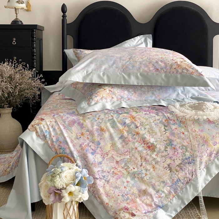 91家纺网 家纺一手货源 找家纺 云栖家居 2025全棉纯棉长绒棉纯棉A类50支数码印花系列四件套-春园 林间小鹿-蓝