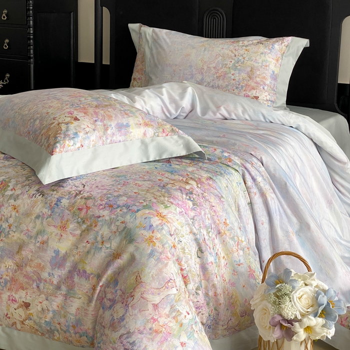 91家纺网 家纺一手货源 找家纺 云栖家居 2025全棉纯棉长绒棉纯棉A类50支数码印花系列四件套-春园 林间小鹿-蓝