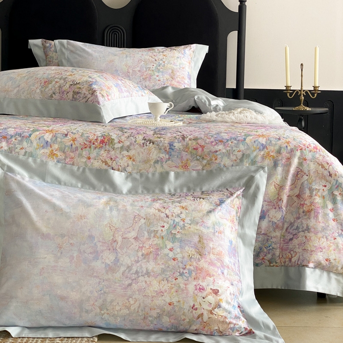 91家纺网 家纺一手货源 找家纺 云栖家居 2025全棉纯棉长绒棉纯棉A类50支数码印花系列四件套-春园 林间小鹿-蓝