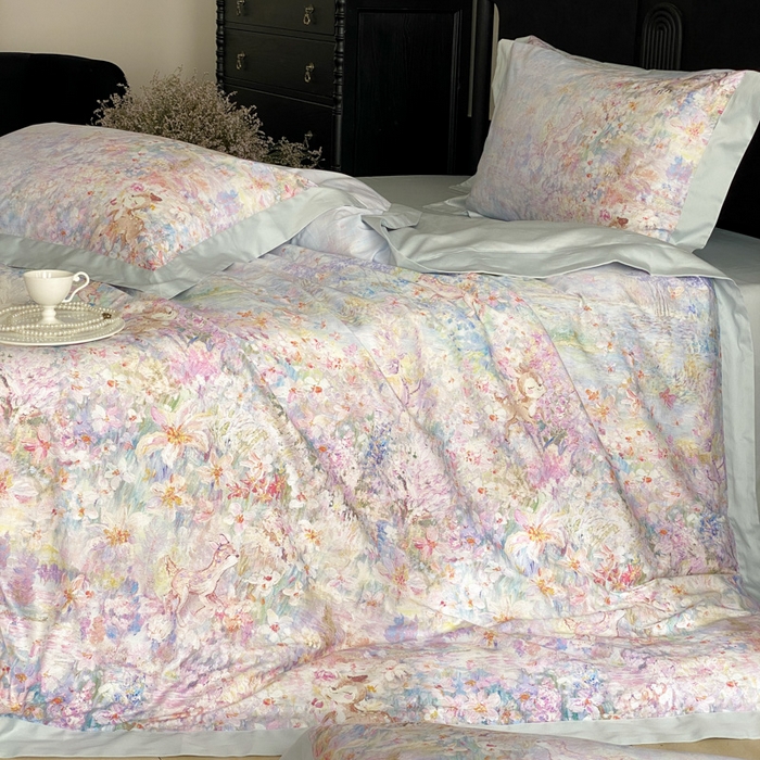 91家纺网 家纺一手货源 找家纺 云栖家居 2025全棉纯棉长绒棉纯棉A类50支数码印花系列四件套-春园 林间小鹿-蓝