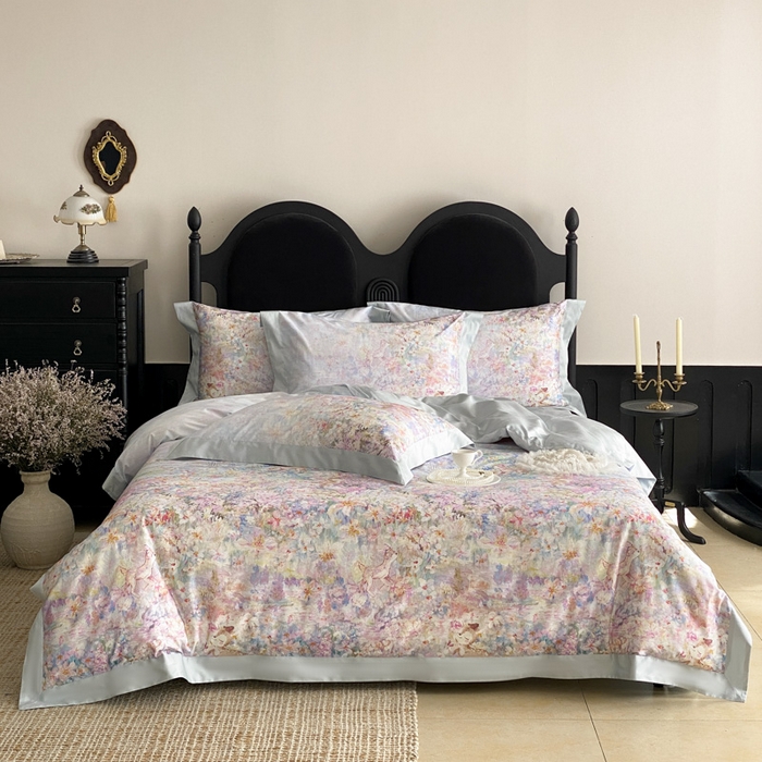 91家纺网 家纺一手货源 找家纺 云栖家居 2025全棉纯棉长绒棉纯棉A类50支数码印花系列四件套-春园 林间小鹿-蓝