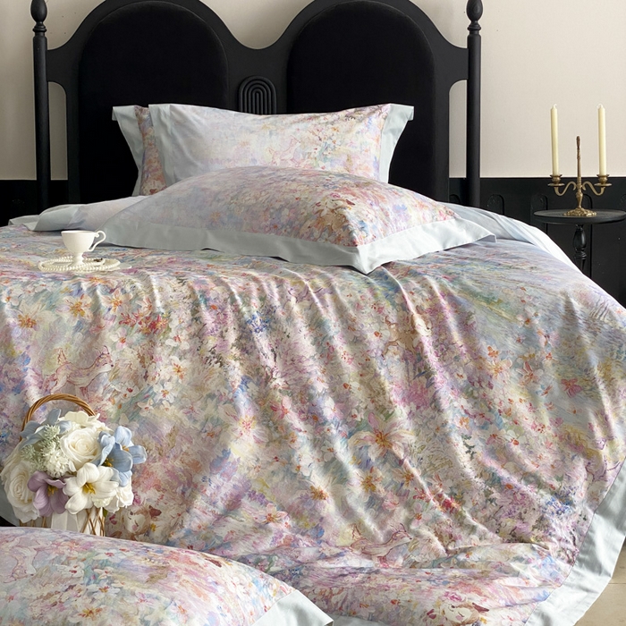 91家纺网 家纺一手货源 找家纺 云栖家居 2025全棉纯棉长绒棉纯棉A类50支数码印花系列四件套-春园 林间小鹿-蓝