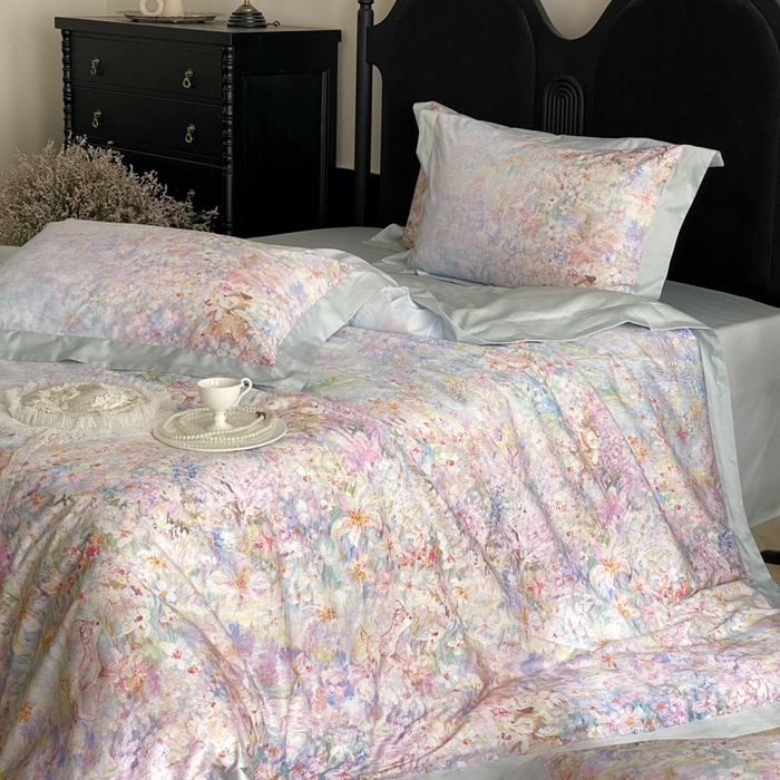 91家纺网 家纺一手货源 找家纺 云栖家居 2025全棉纯棉长绒棉纯棉A类50支数码印花系列四件套-春园 林间小鹿-蓝