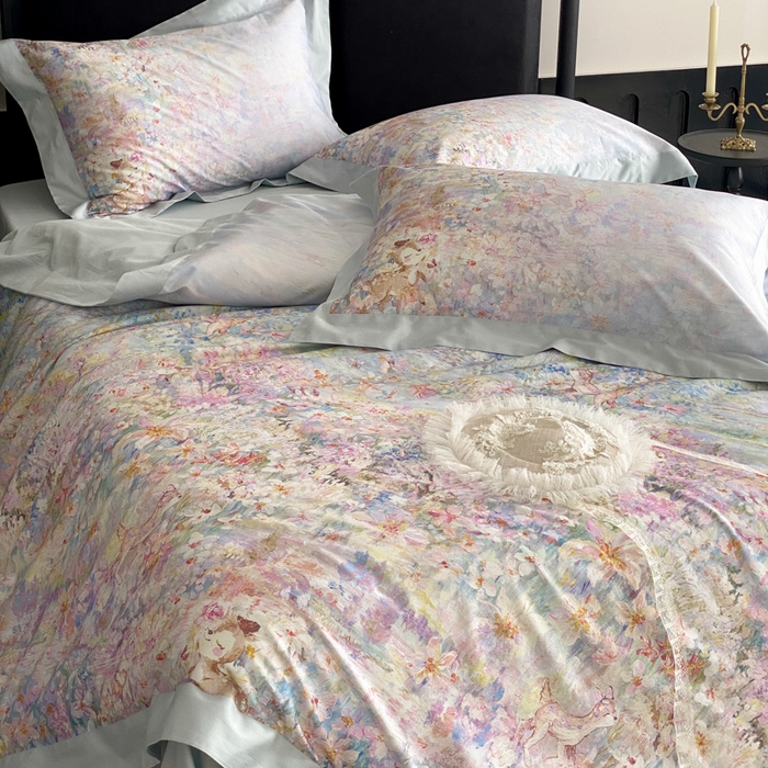 91家纺网 家纺一手货源 找家纺 云栖家居 2025全棉纯棉长绒棉纯棉A类50支数码印花系列四件套-春园 林间小鹿-蓝