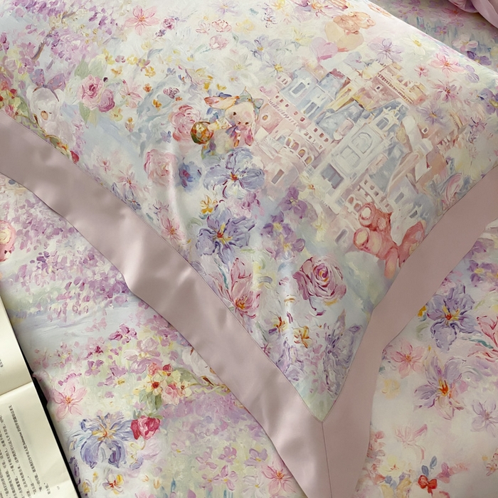 91家纺网 家纺一手货源 找家纺 云栖家居 2025全棉纯棉长绒棉纯棉A类50支数码印花系列四件套-春园 奇妙城堡-紫