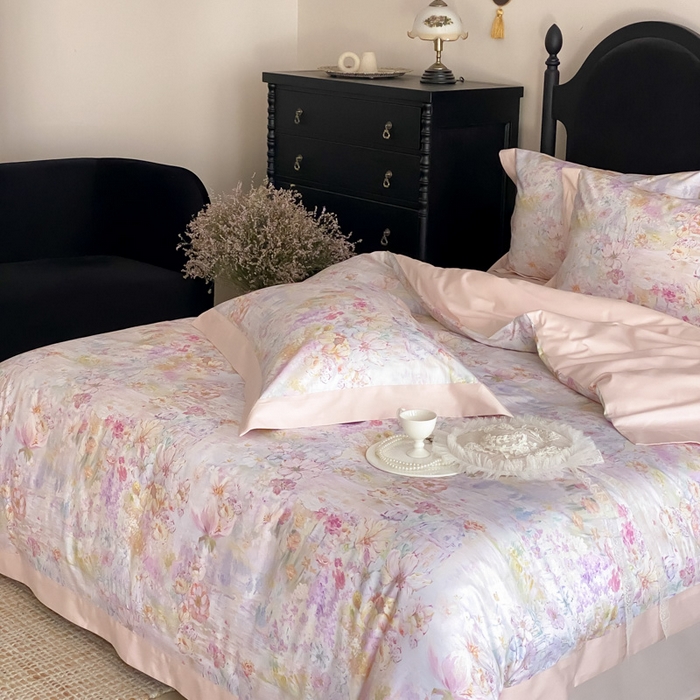 91家纺网 家纺一手货源 找家纺 云栖家居 2025全棉纯棉长绒棉纯棉A类50支数码印花系列四件套-春园 花园城堡-粉