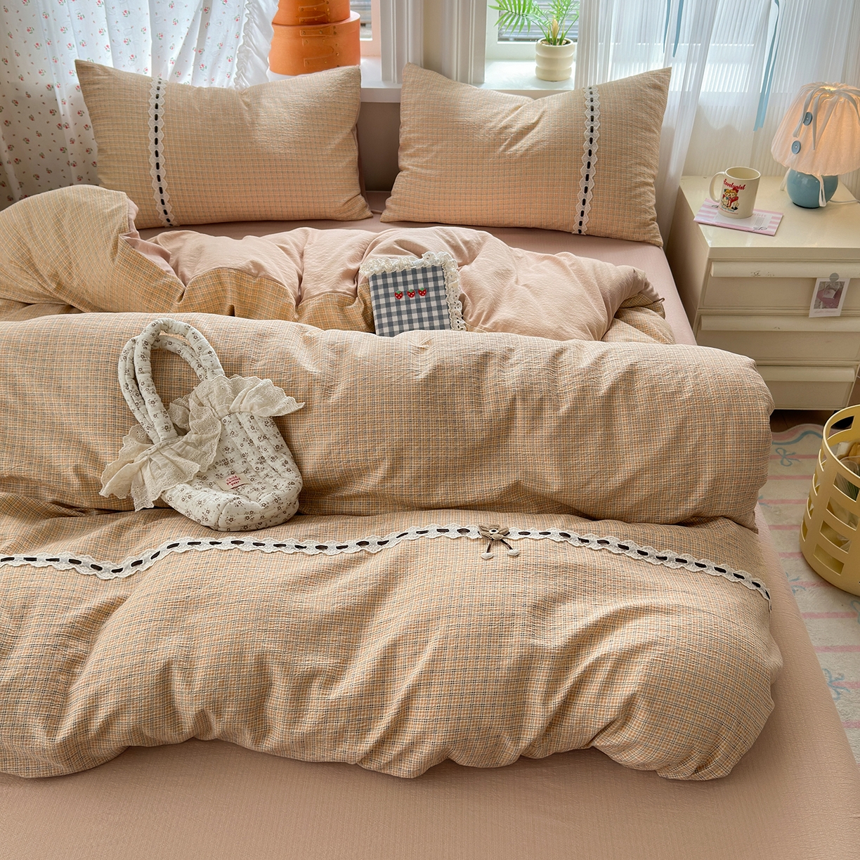 91家纺网 家纺一手货源 找家纺 （总）晚爱家纺（原晚安家居） 2025新款云感木棉双层纱四件套皱皱纱蕾丝花边四件套